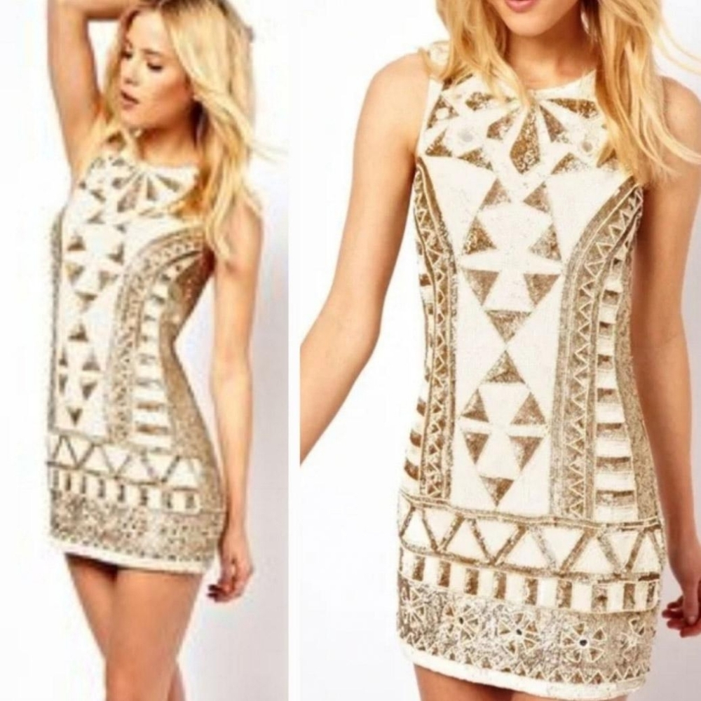 Needle & thread beaded sequin mirror shift mini dress in gold & white